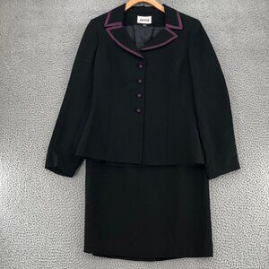 Kasper Suit Set Womens 8 Black 2 Piece Knee Skirt Pencil Blazer Satin Trim Work